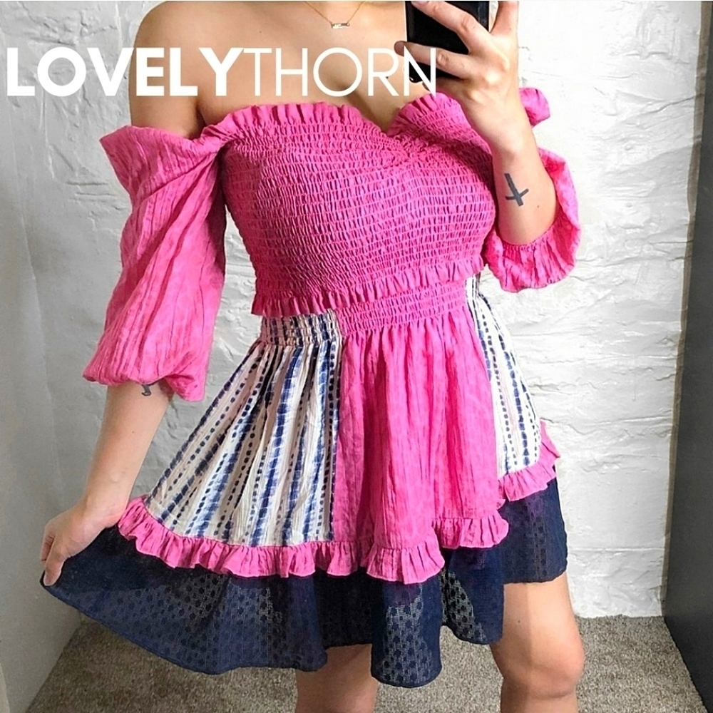 BLUE LIFE // ltd ed smocked off the shoulder puff sleeve mix print cottagecore